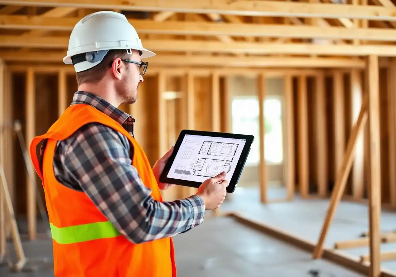 Contractor in safety gear reviewing floor plan on tablet inside a residential job site